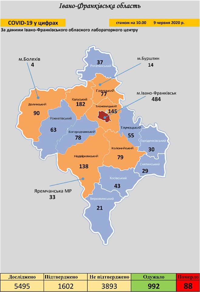 Майже 1000 одужаних та 88 померлих: як COVID-19 поширюється по районах та містах Прикарпаття