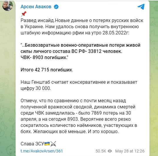 Аваков опублікував засекречені дані про втрати росії в Україні