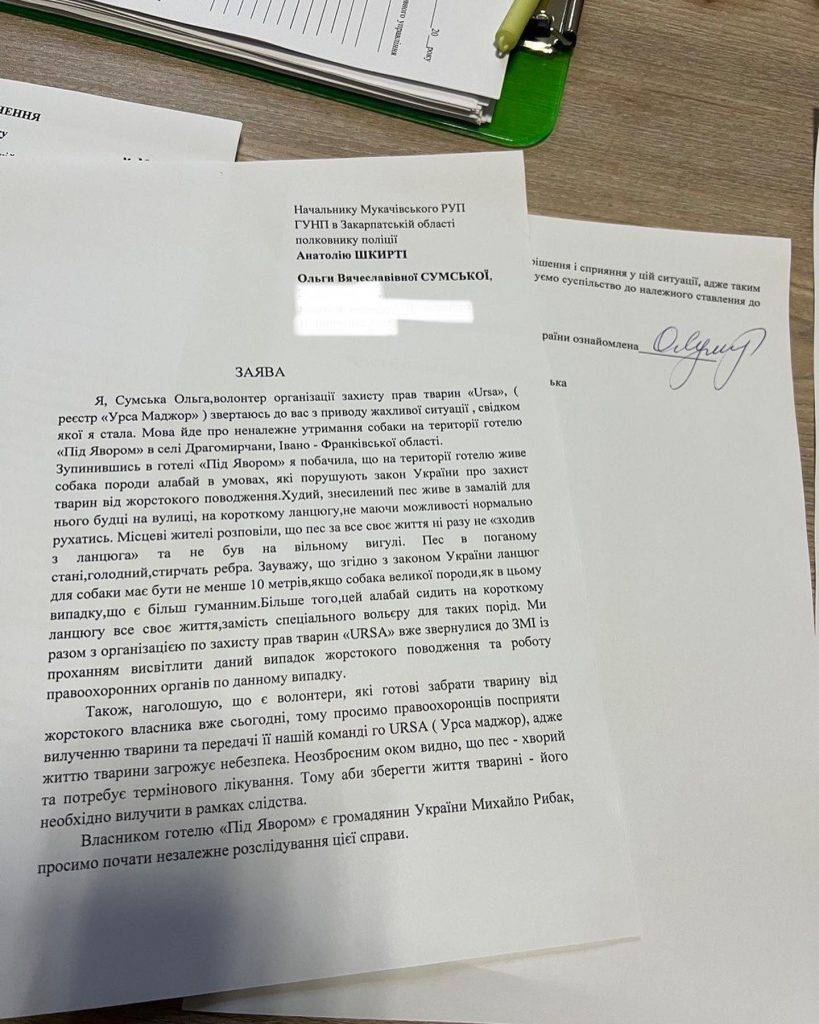 На Франківщині зафіксували жорстоке поводження над собакою: Ольга Сумська подала заяву до поліції