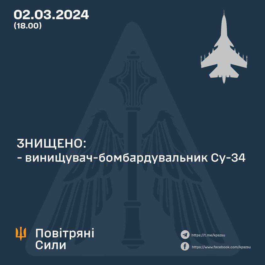Повітряне командування "Схід" підтверджує збиття винищувача-бомбардувальника Су-34