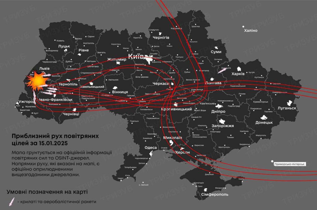 Карта України з траєкторіями польотів ракет