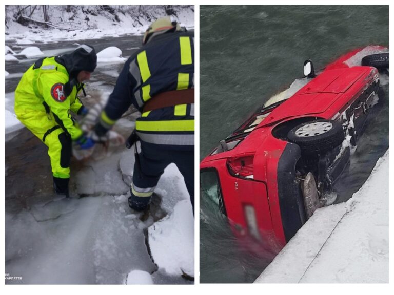 Порятунок із замерзлої річки, автомобіль у воді.