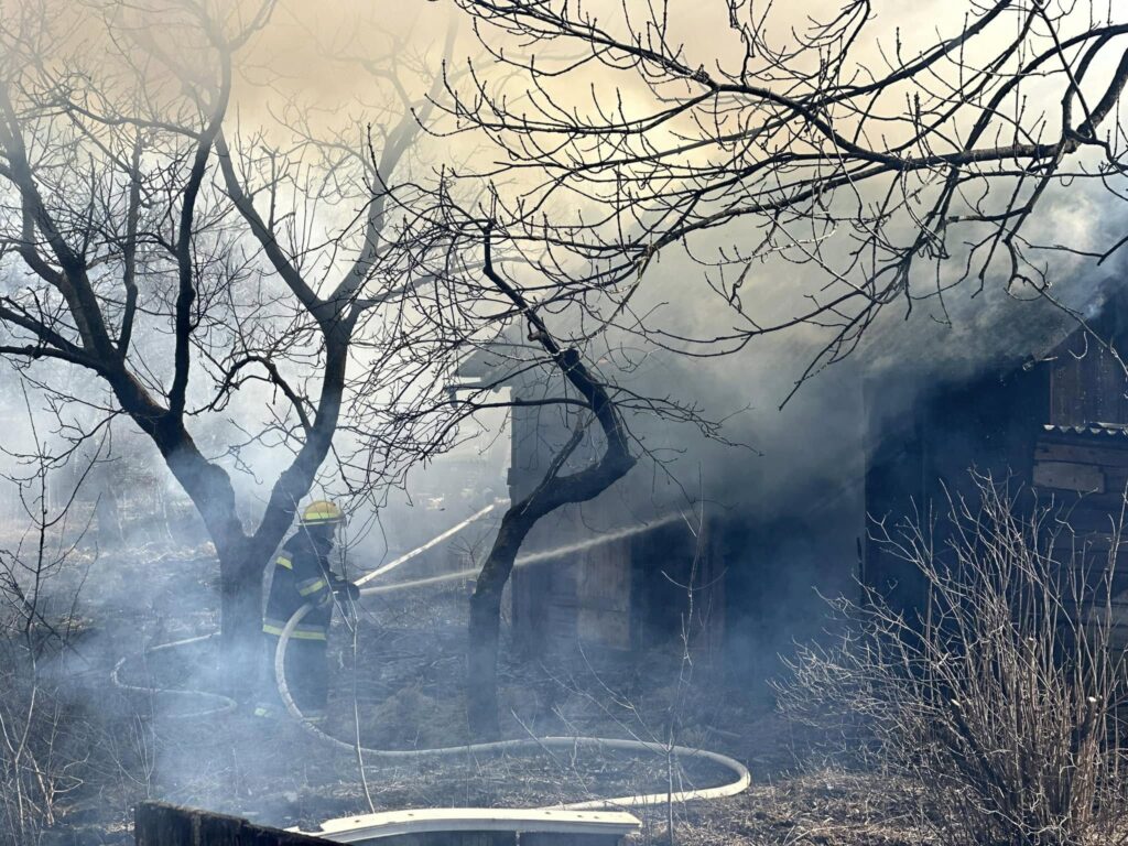 Пожежник гасить вогонь біля дерева.