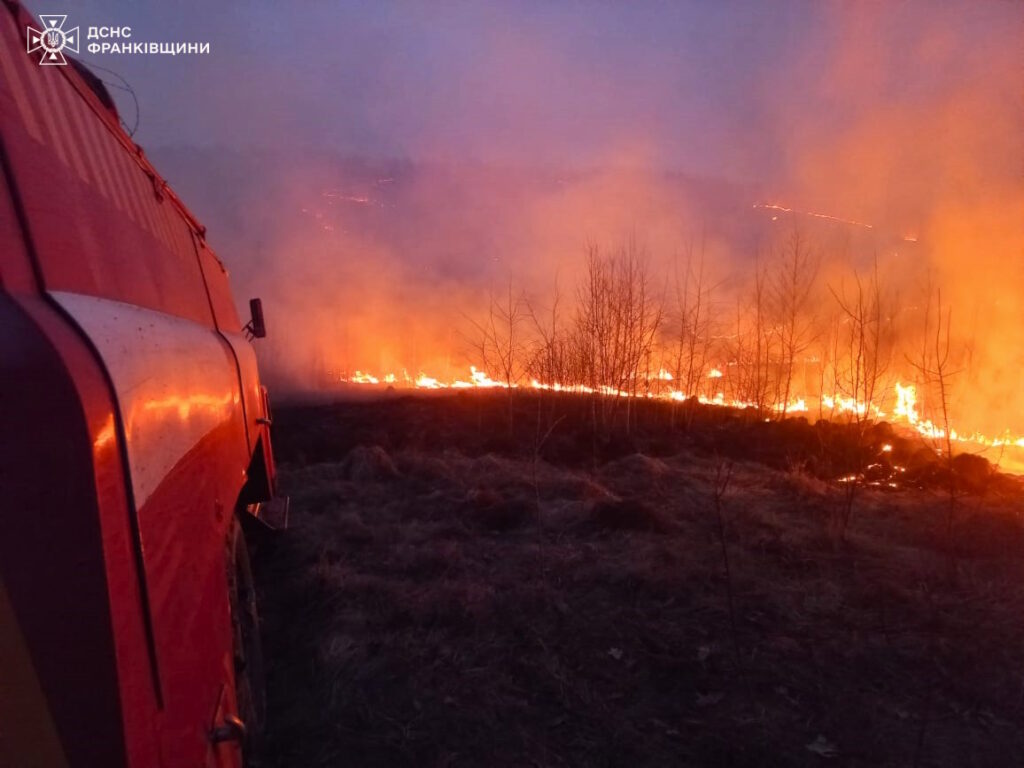 Лісова пожежа з пожежною машиною на місці