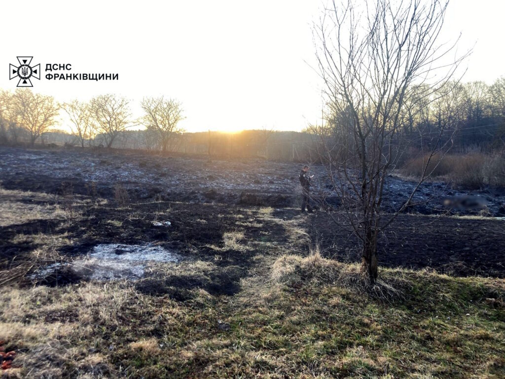 Пожежа на полі, захід сонця, рятувальник працює.