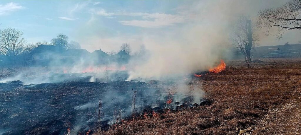 Пожежа на полі біля будинків.