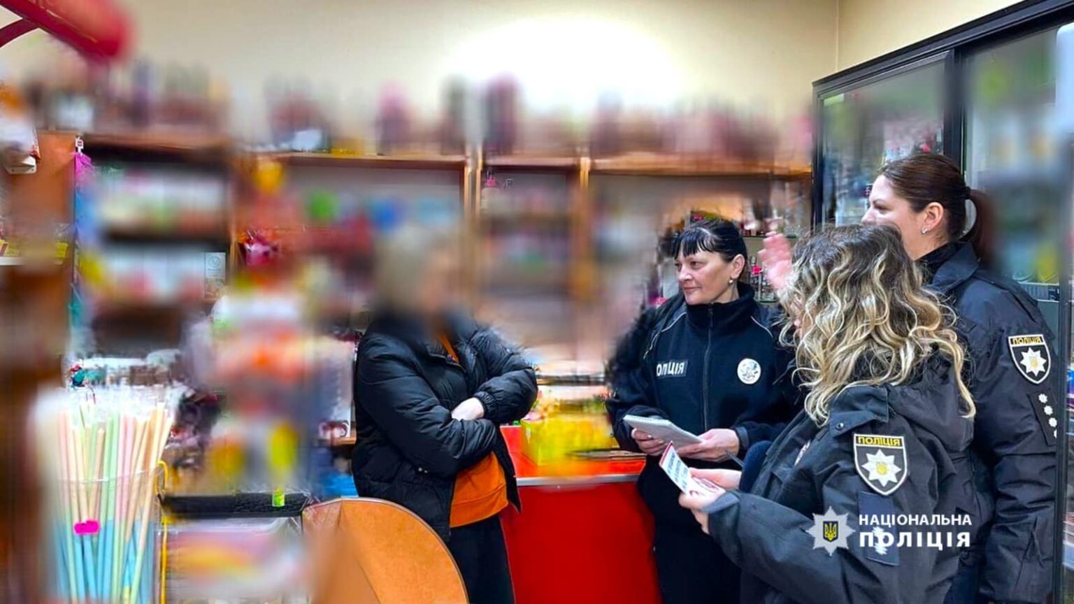 Поліцейські розмовляють з людиною в магазині.