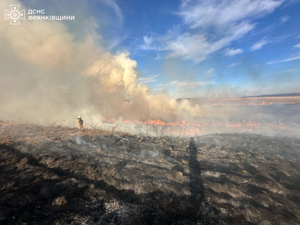 Пожежа на полі з рятувальником в диму.