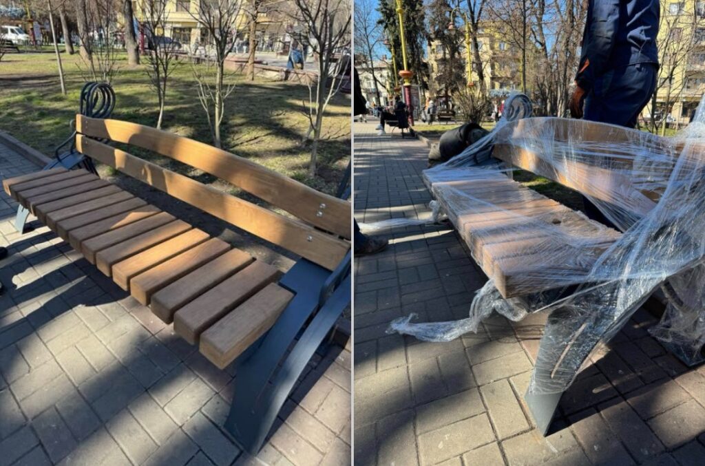 Нові лавки на вулиці, встановлення в парку.