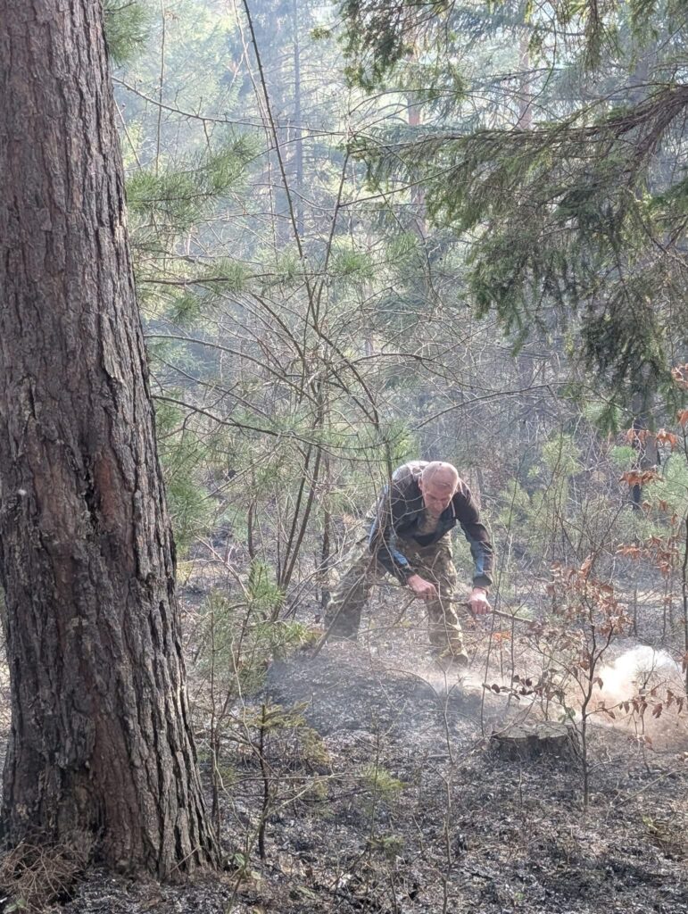 Людина гасить вогонь у лісі взимку.