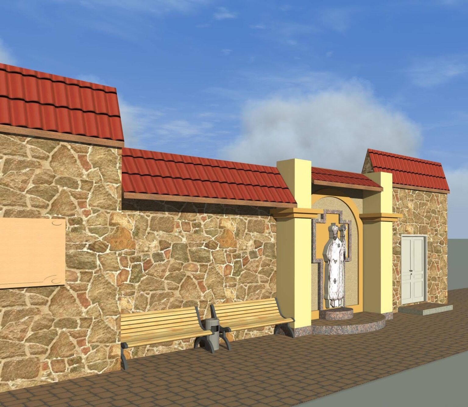 Кам'яна стіна зі статуєю і лавками