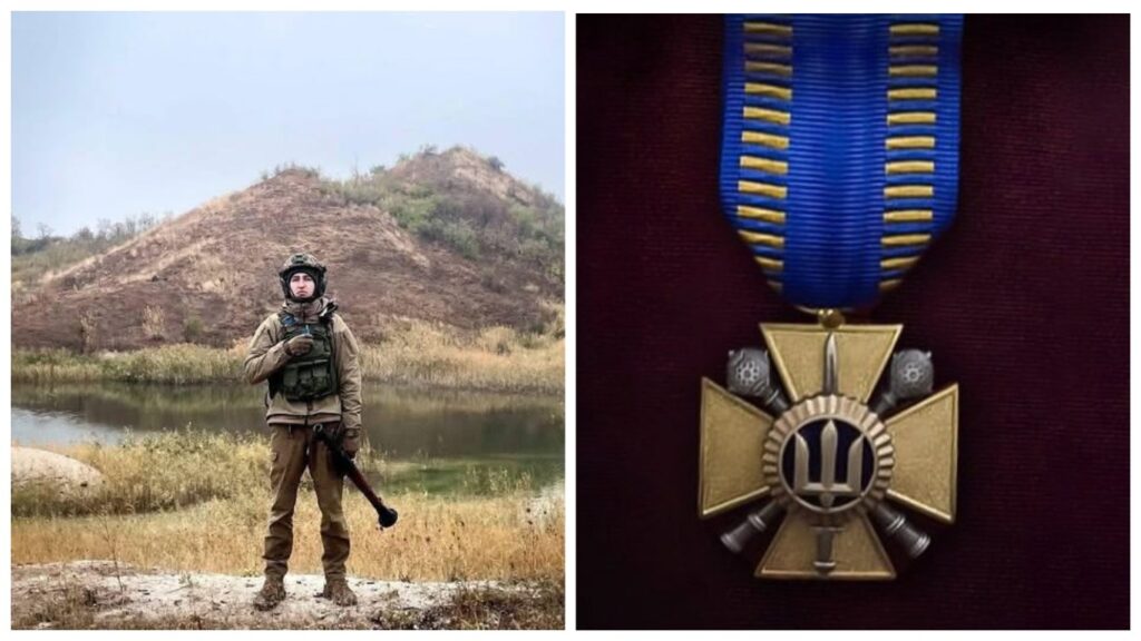 Військовий з медаллю за відвагу в Україні.