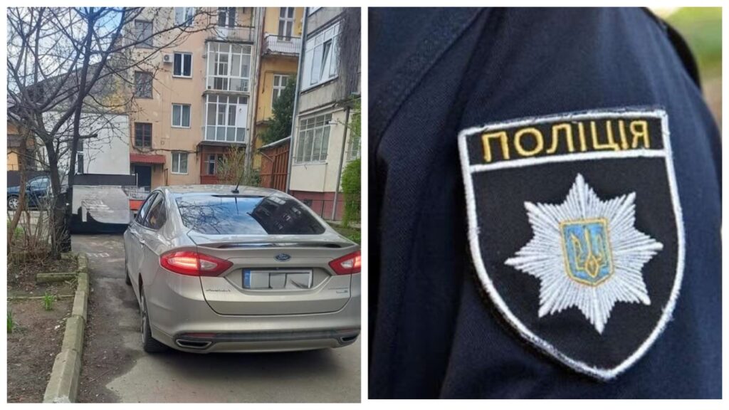 Автомобіль біля будинку, поліцейський шеврон поруч