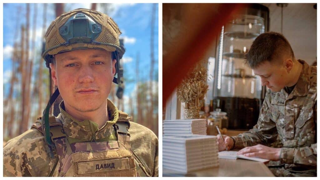 Військовий у формі на природі та за столом.