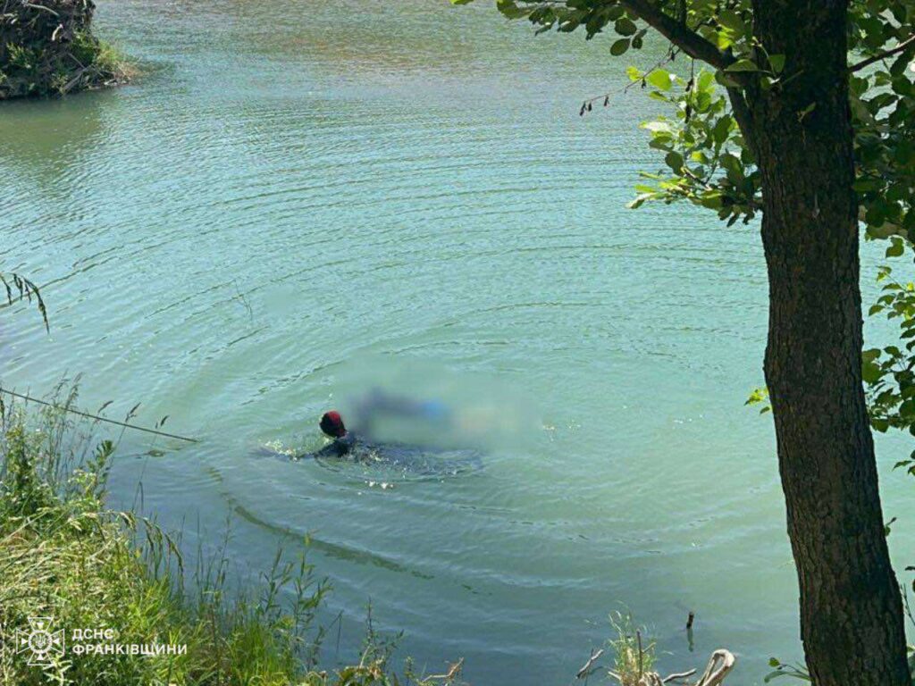Водолаз плаває в озері, навколо трава, дерева.
