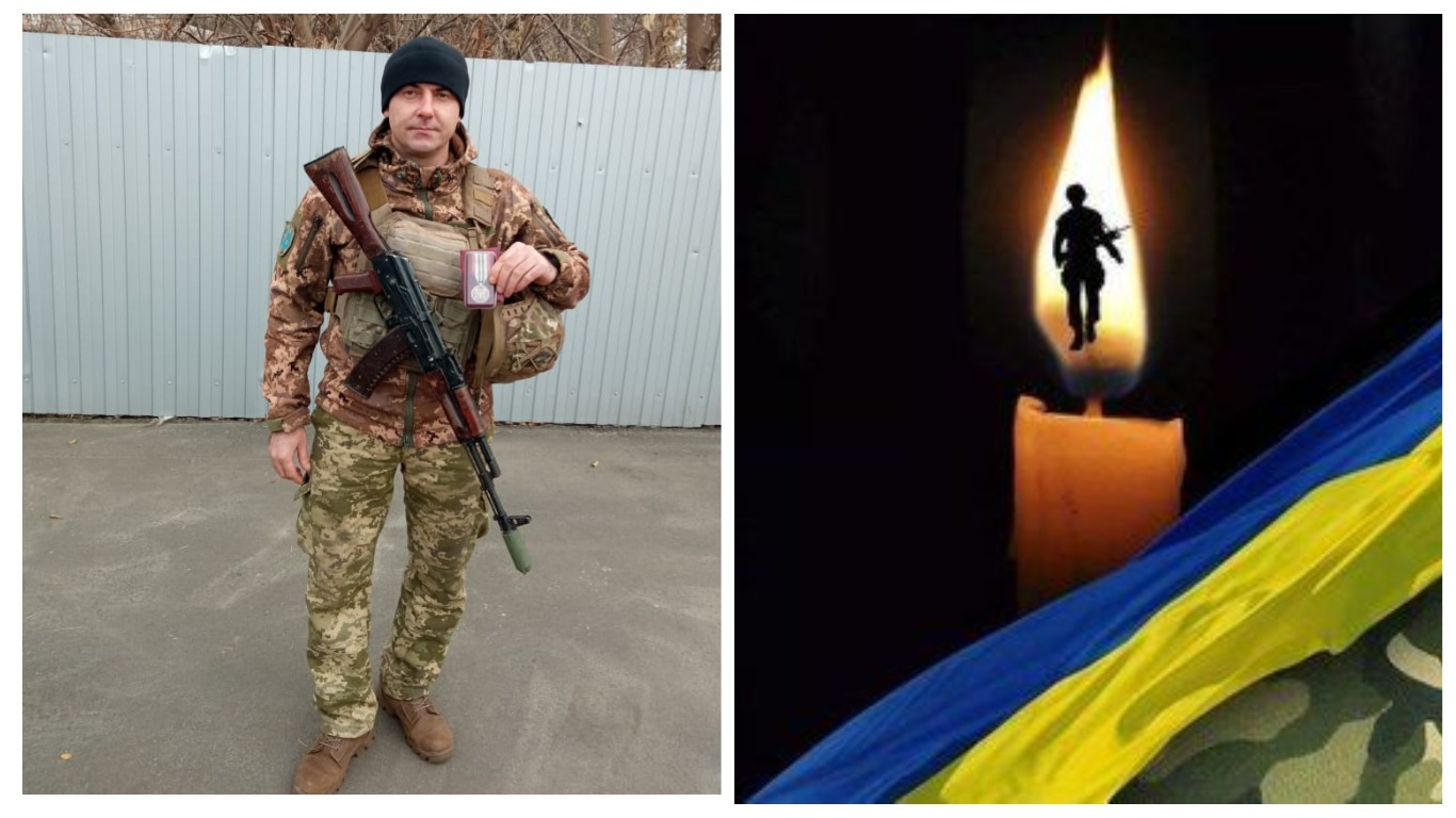 Український солдат з медаллю та прапор зі свічкою