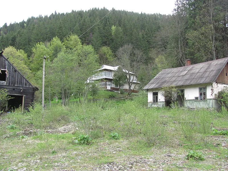 Сільський пейзаж з хатами в горах