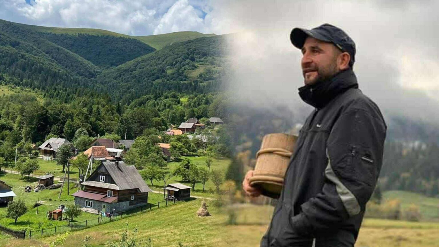 Чоловік з бочкою на тлі гірського села