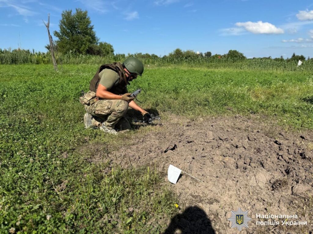 Поліцейський перевіряє вибухівку на полі в Україні
