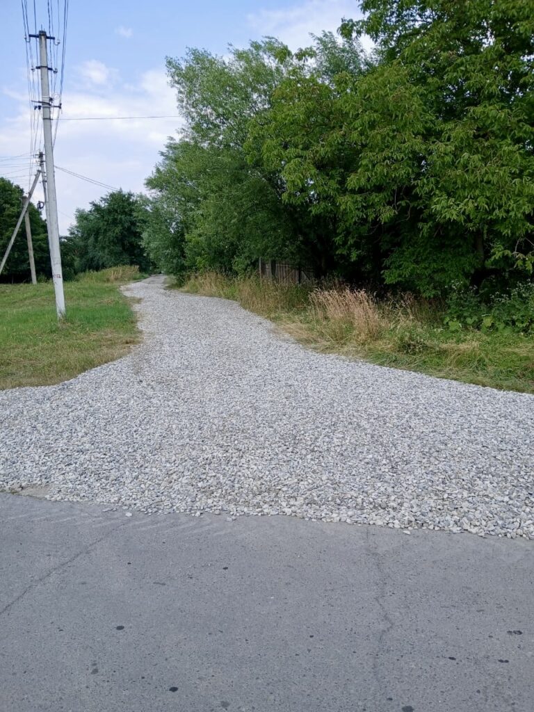 Гравійна доріжка серед дерев, електричні стовпи зліва