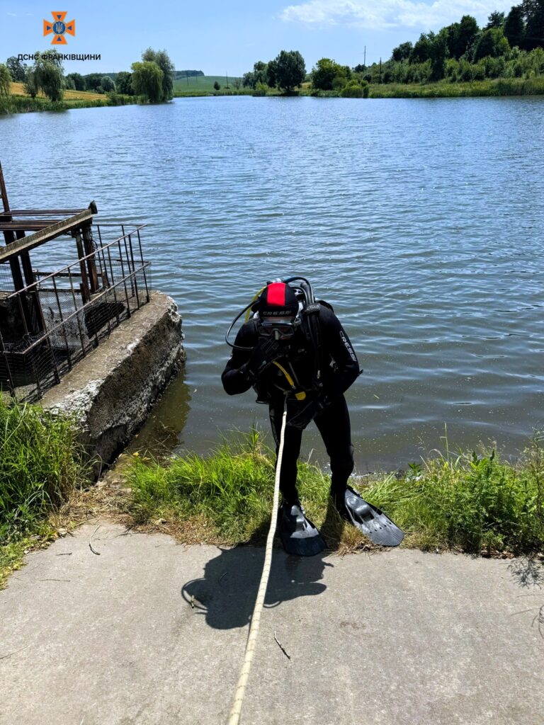 Водолаз біля озера в зеленому пейзажі.