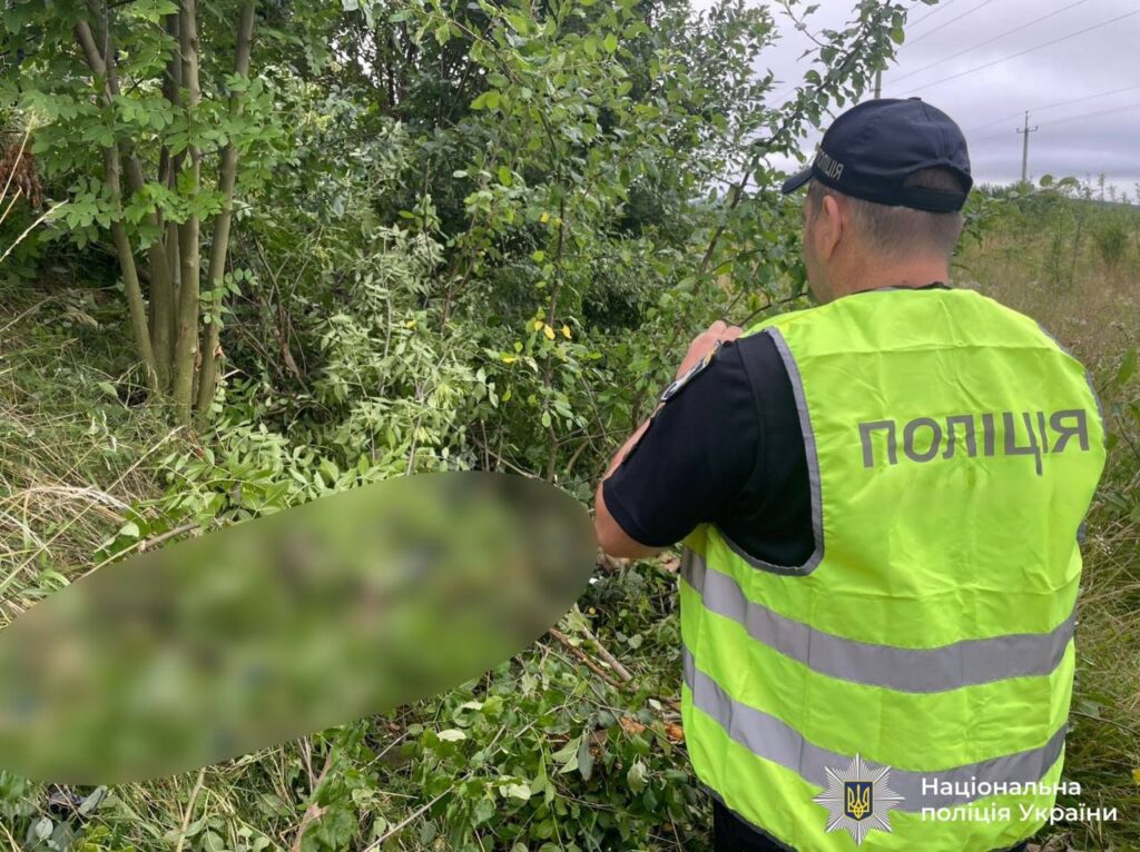Поліцейський оглядає місце події в лісосмузі
