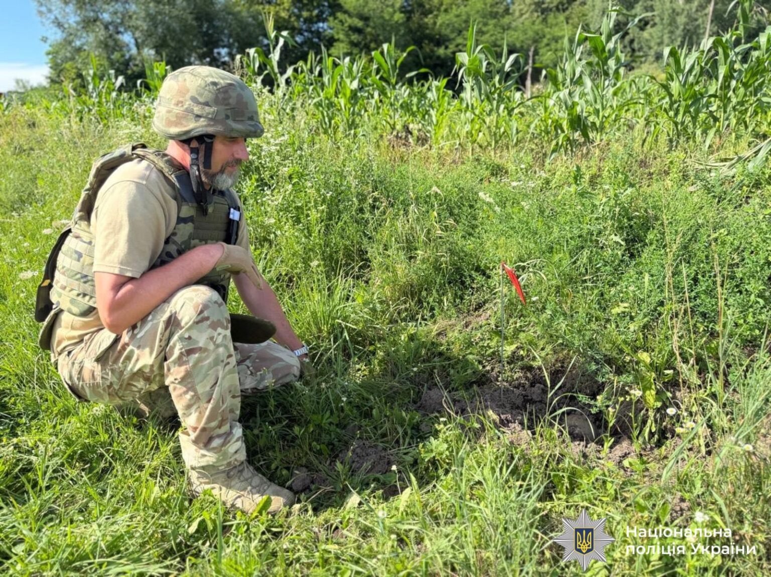 Сапер працює на полі, виявлення міни