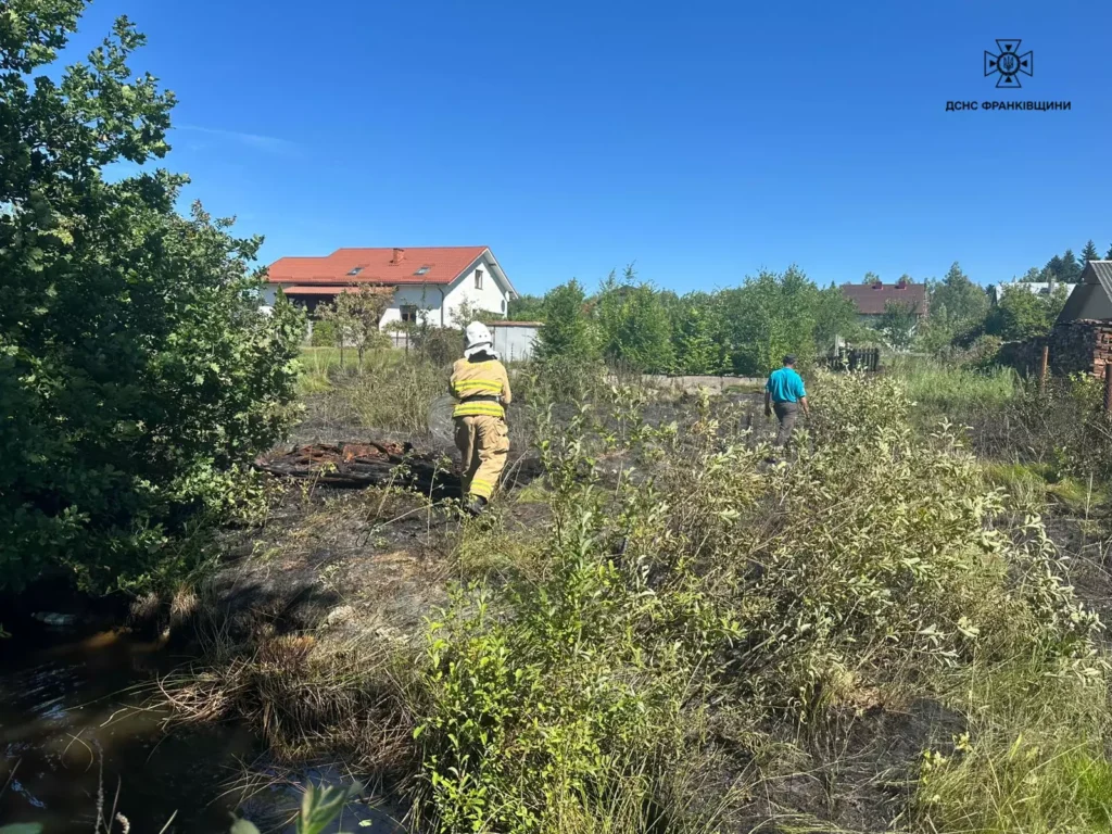 Пожежник гасить траву біля будинків у селі.