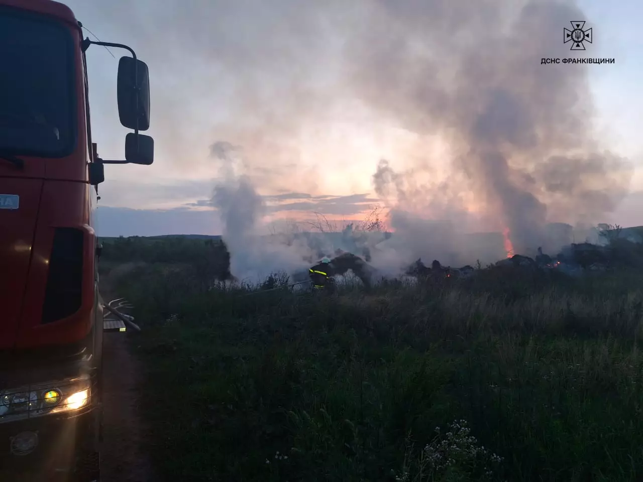 Пожежники гасять вогонь на трав'янистій території