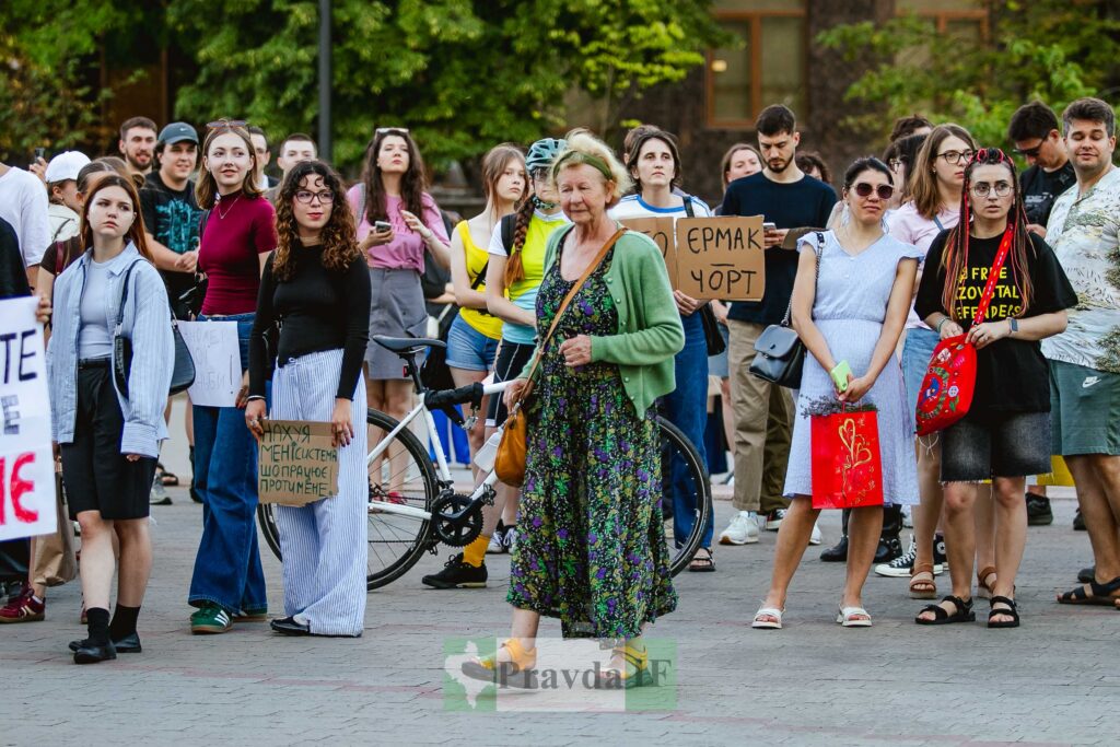 Люди на мітингу з плакатами, літній день