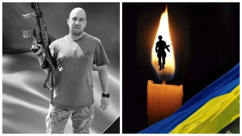 Воїн з автоматом, свічка, прапор України.