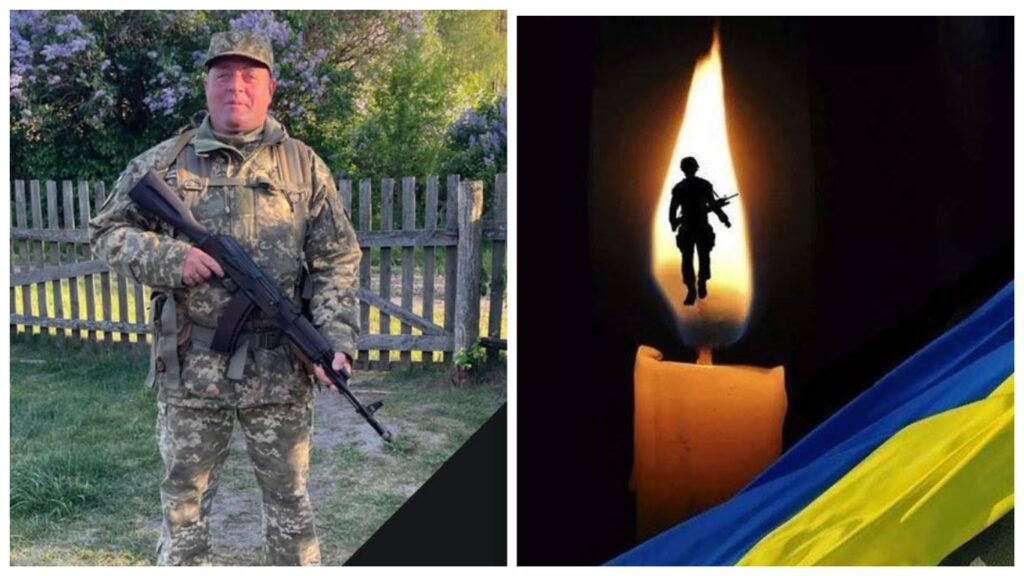 Військовий і свічка з фігурою солдата, прапор України.
