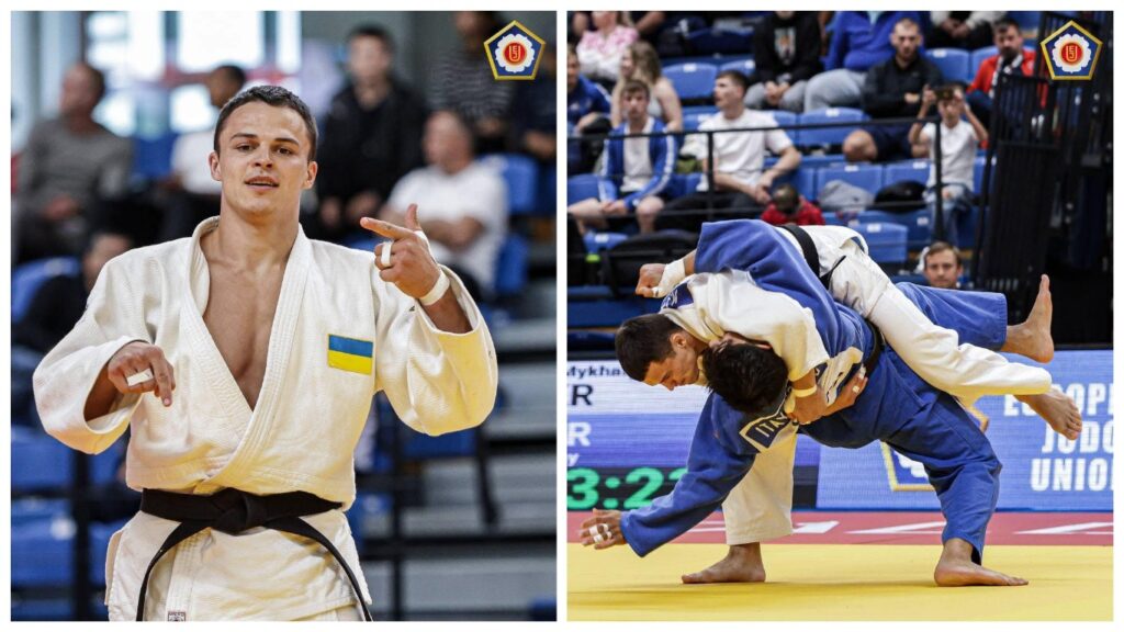 Двоє дзюдоїстів у поєдинку на татамі.