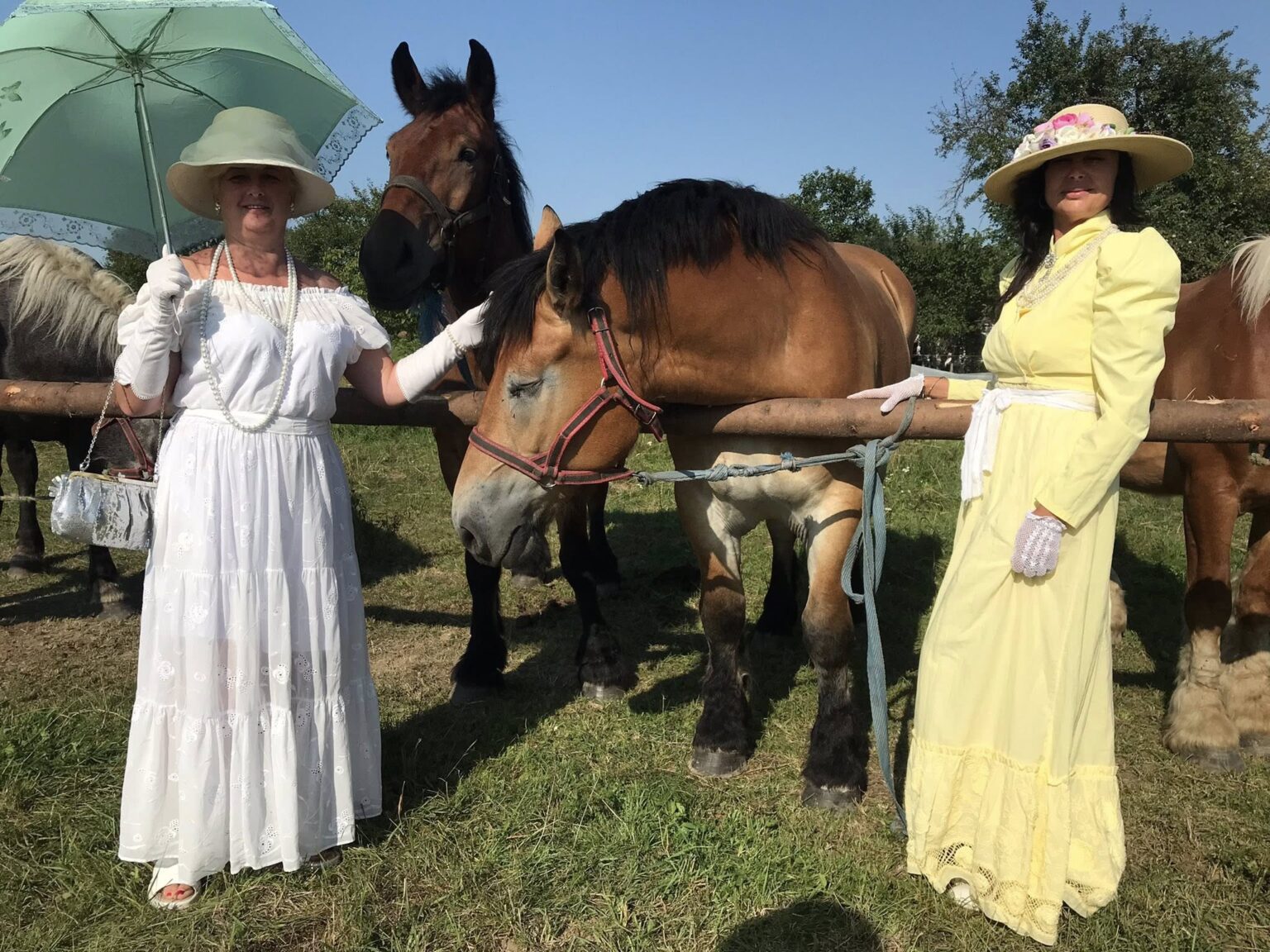 Жінки в ретро-одязі з кіньми на природі.