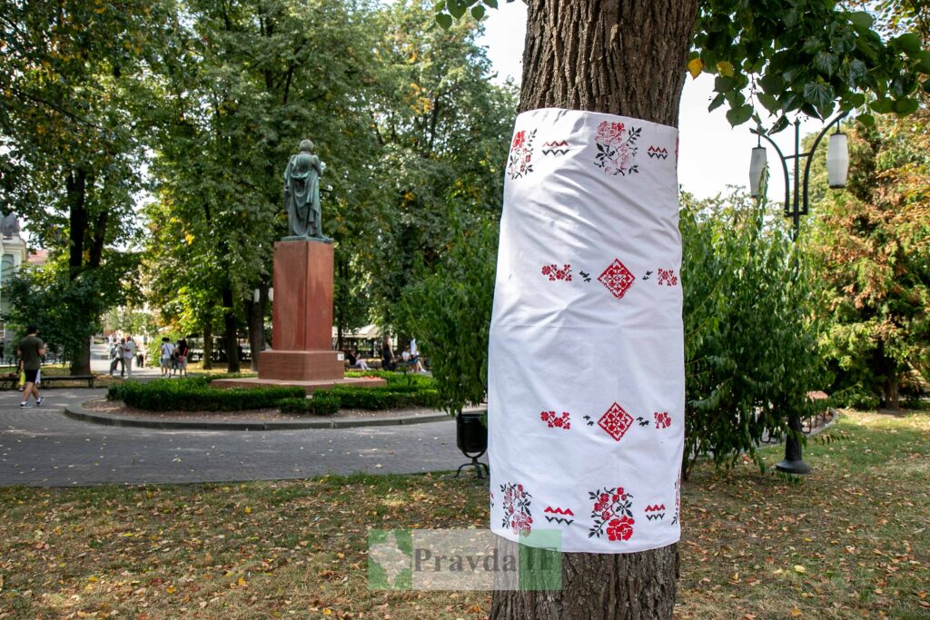 Дерево з вишитим рушником у парку з пам'ятником.