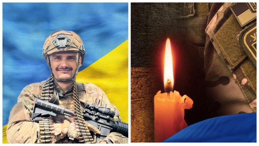 Український військовий на фоні прапора, свіча пам'яті.