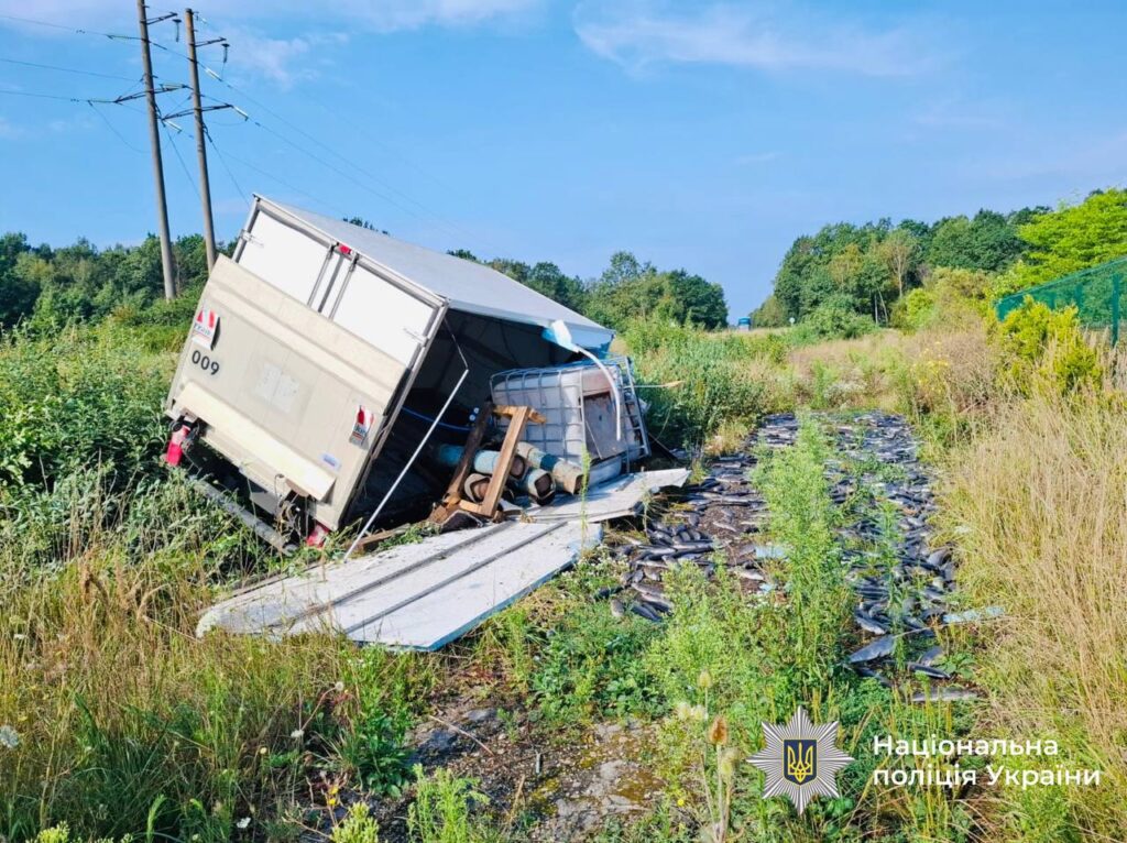 Аварія вантажівки в кюветі з вантажем трубок.