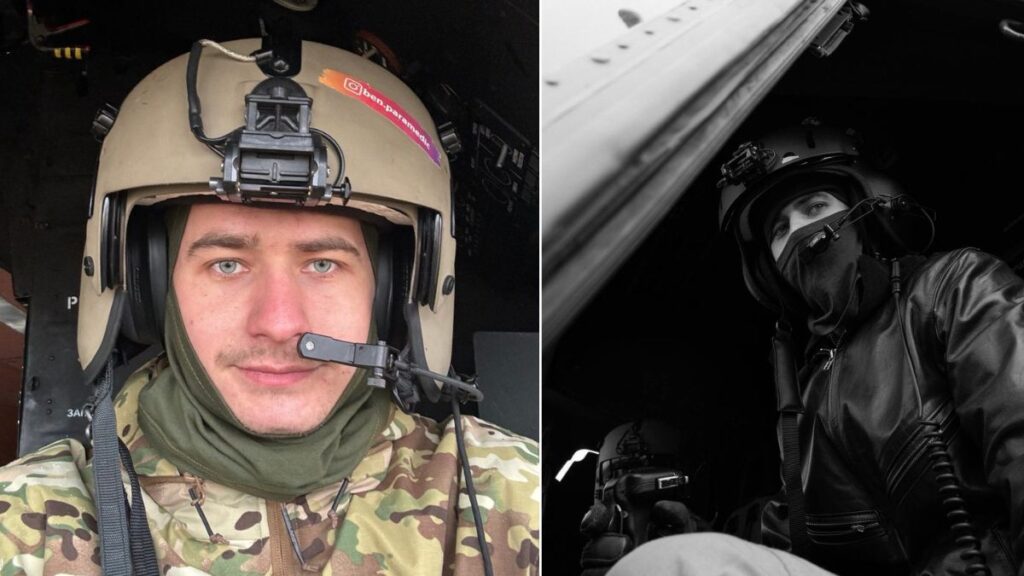 Камуфльований вертолітний пілот у шоломі.