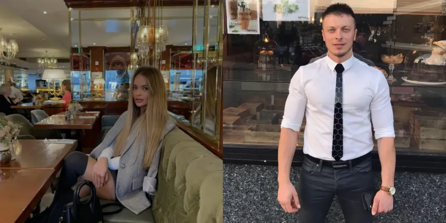 Чоловік і жінка в різних місцях, модний одяг.