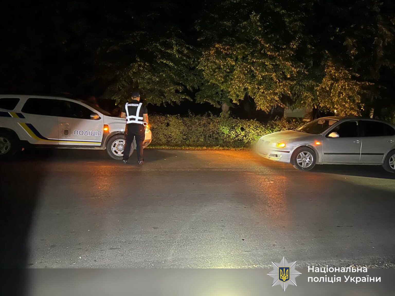 Нічна перевірка поліцією автомобіля на дорозі