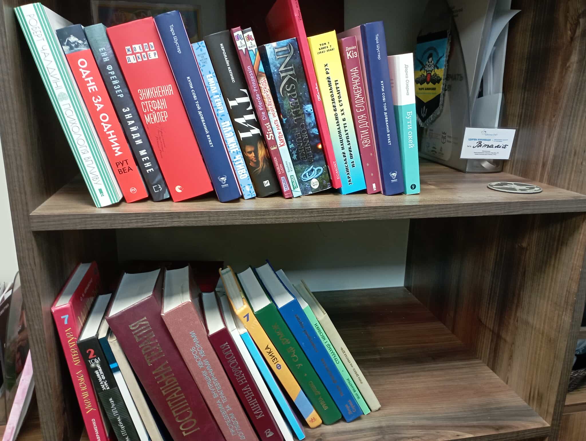 Книжкова полиця з різноманітними книгами.