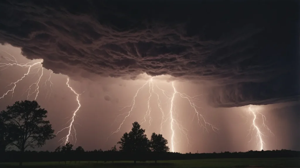 Блискавка під темними грозовими хмарами на полі