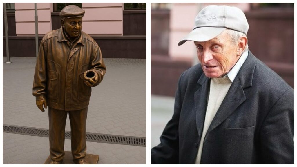 Скульптура чоловіка і сам чоловік в капелюсі.