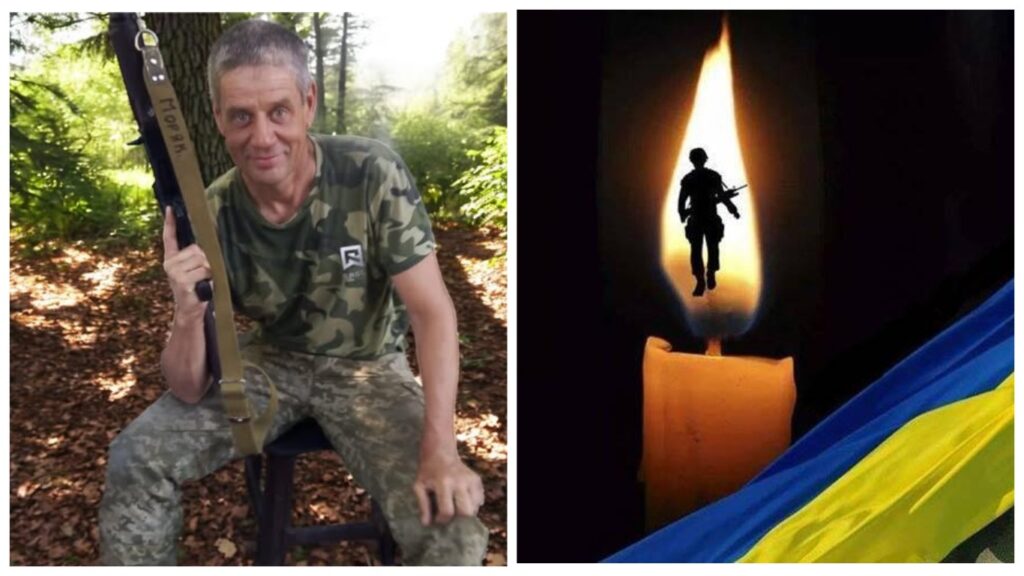 Український військовий на природі, свічка з прапором