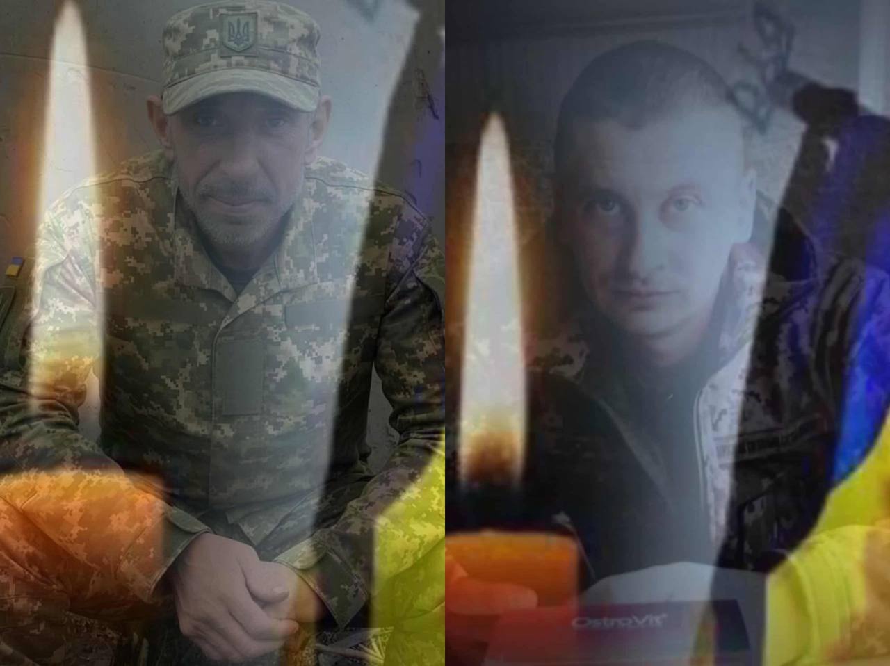 Два чоловіки у військовій формі перед свічками.