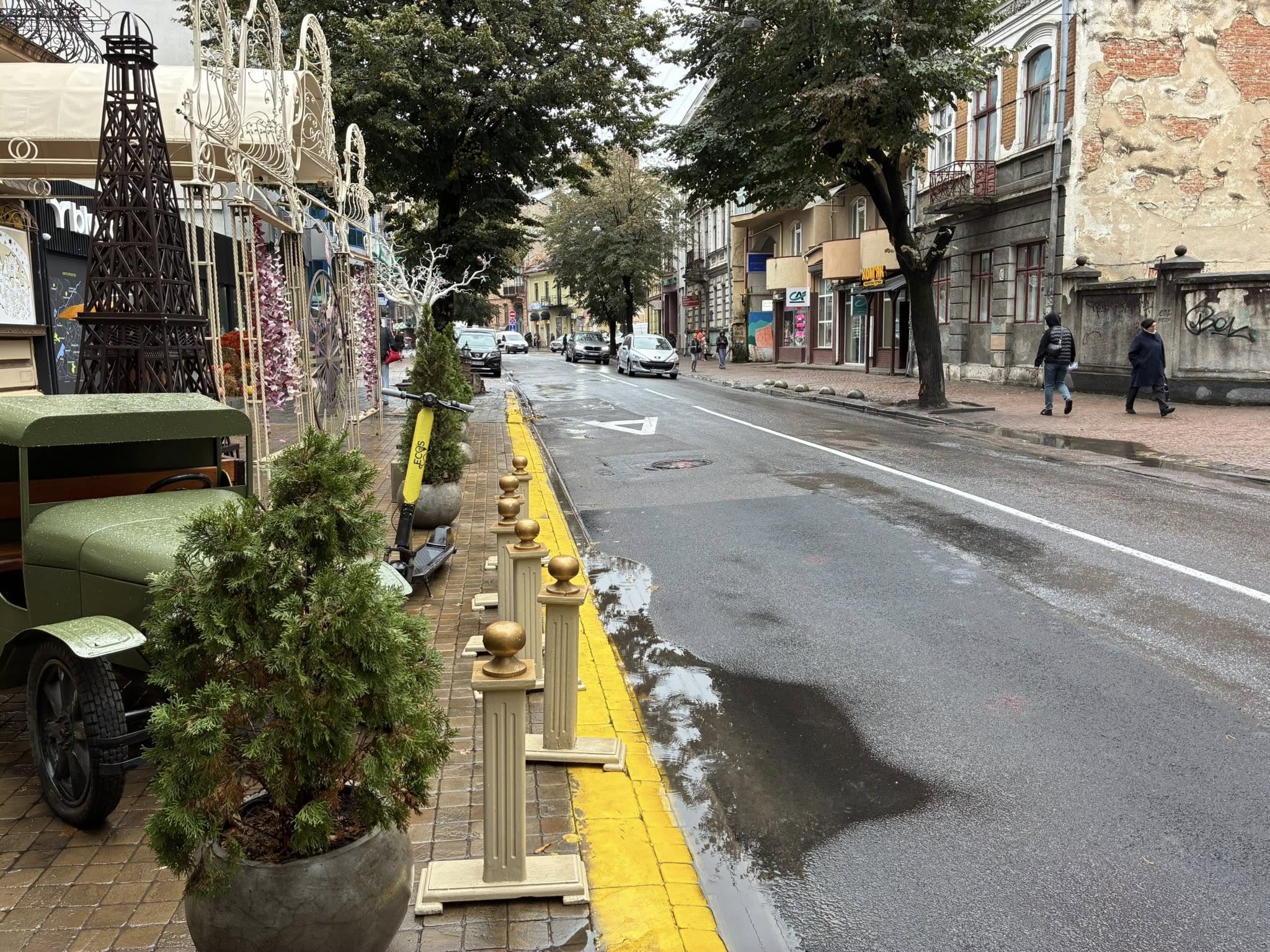 Вулиця з деревами та машинами в дощову погоду.
