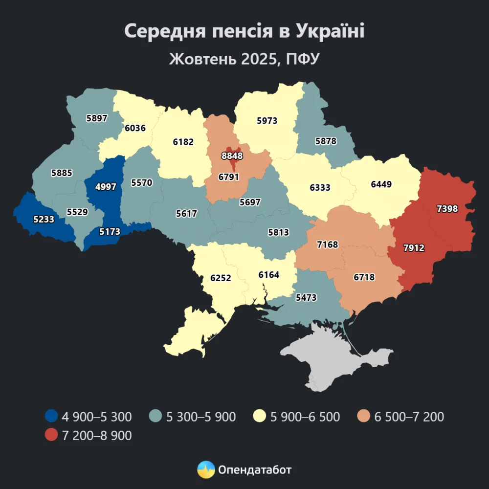 Карта середніх пенсій в Україні, жовтень 2025