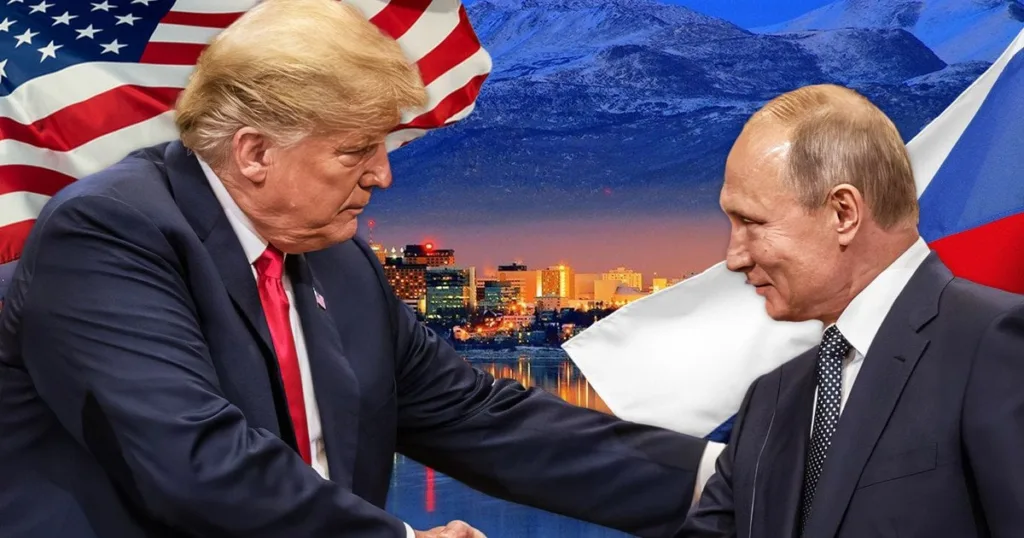 Двоє чоловіків тиснуть руки на тлі прапорів