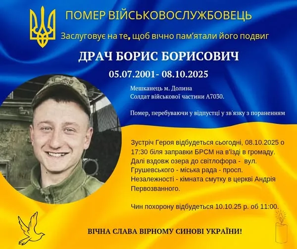 У п'ятницю в Долині проведуть в останню путь молодого захисника Бориса Драча