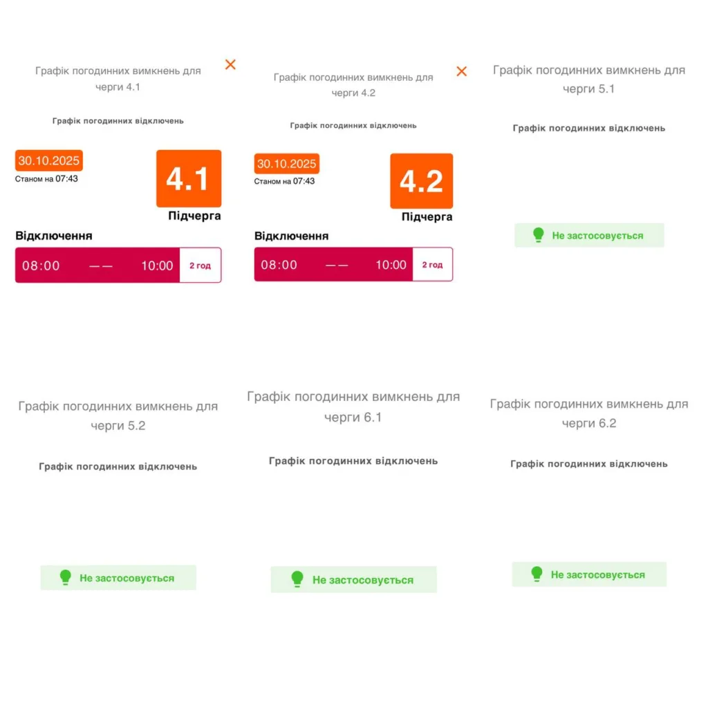Графік погодинних відключень електроенергії на 30 жовтня